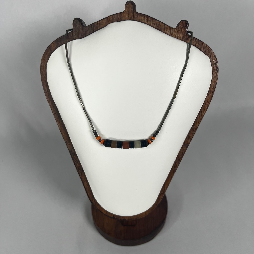 Vintage 90s Brown Orange Cream Beaded Gold Tone Choker 14.5" Necklace Minimalist